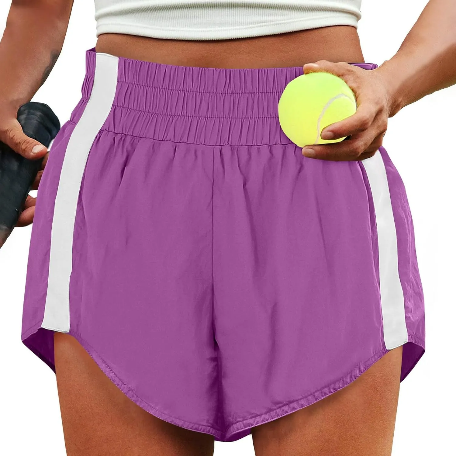 High Waisted Athletic Running Quick Dry Sports Shorts Lightweight Elastic Waist Tennis Shorts Side Stripes