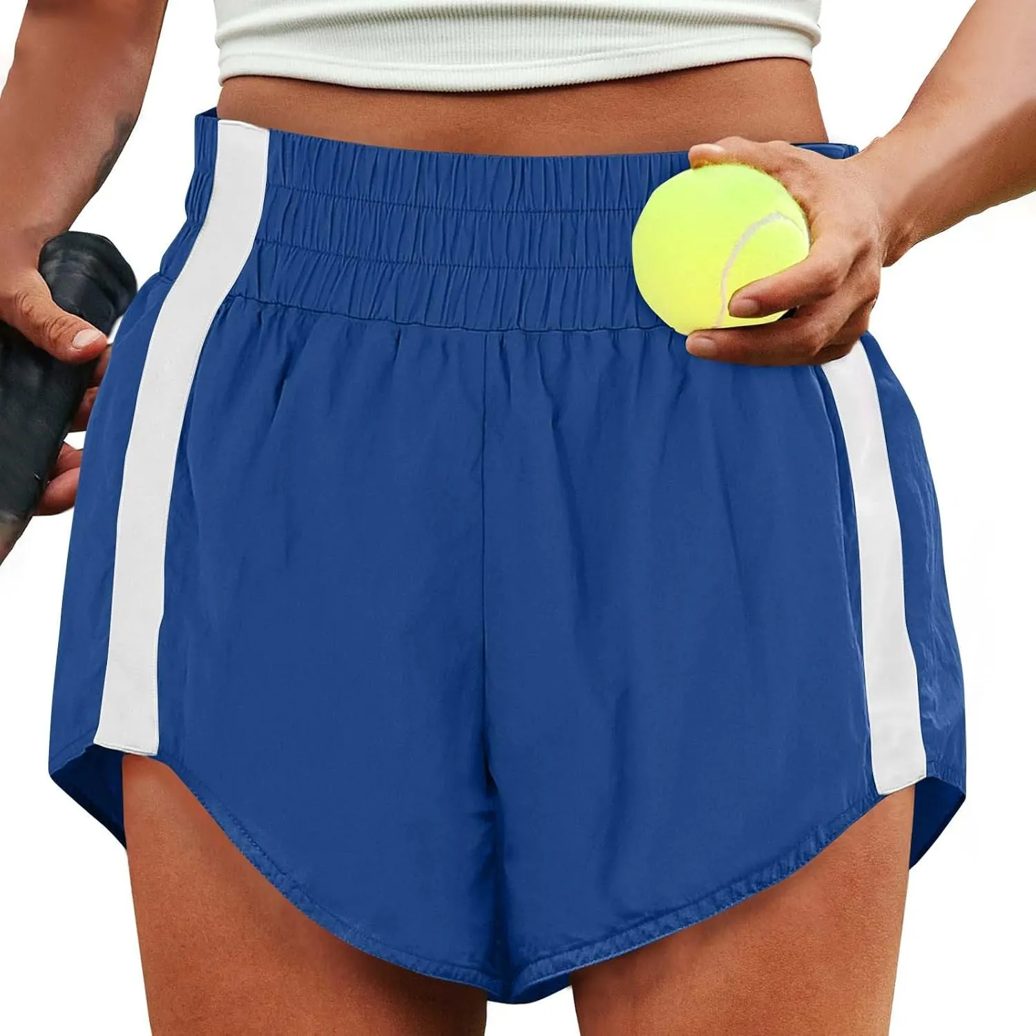 High Waisted Athletic Running Quick Dry Sports Shorts Lightweight Elastic Waist Tennis Shorts Side Stripes