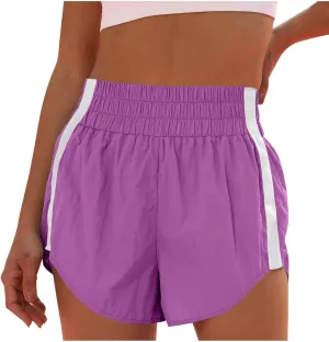 High Waisted Athletic Running Quick Dry Sports Shorts Lightweight Elastic Waist Tennis Shorts Side Stripes