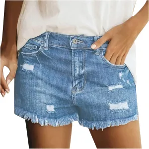High Waisted Denim Shorts for Women Ripped Distressed Stretchy Casual Jeans Shorts Vintage Raw Hem Summer Hot Shorts Pockets