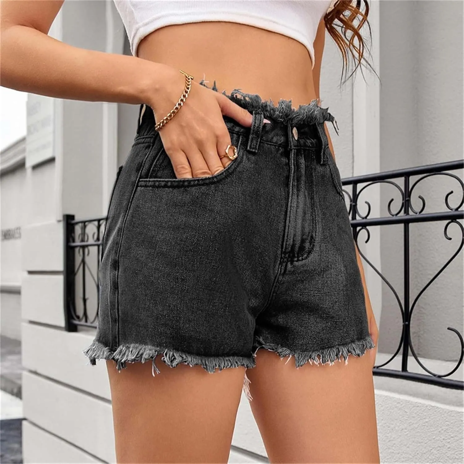 High Waisted Denim Shorts Women Distressed Stretchy Baggy Jean Shorts Tummy Control Raw Hem Casual Short Jeans