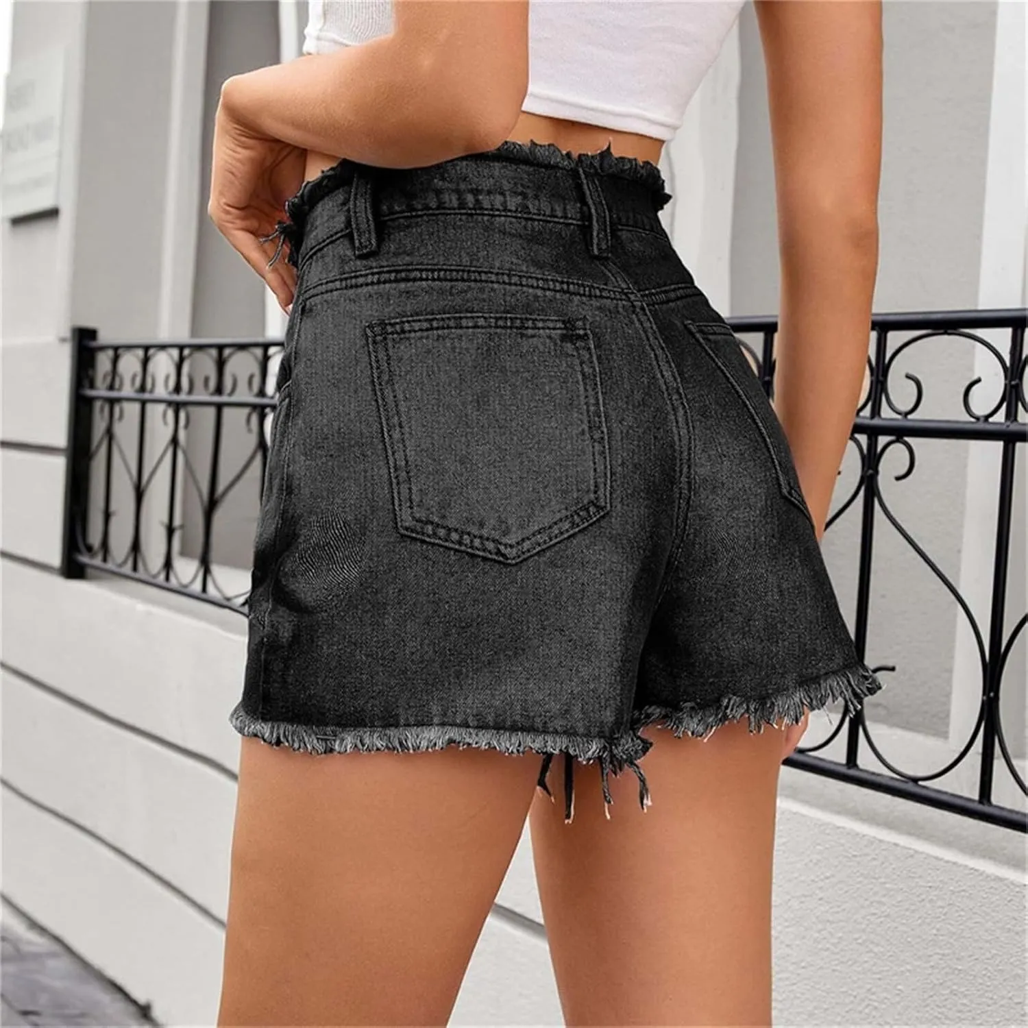 High Waisted Denim Shorts Women Distressed Stretchy Baggy Jean Shorts Tummy Control Raw Hem Casual Short Jeans