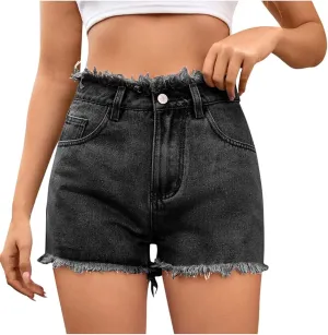 High Waisted Denim Shorts Women Distressed Stretchy Baggy Jean Shorts Tummy Control Raw Hem Casual Short Jeans