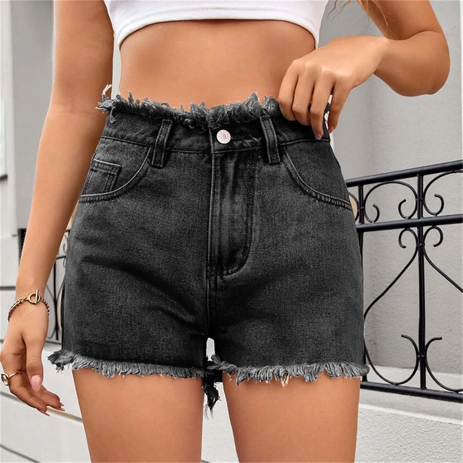 High Waisted Denim Shorts Women Distressed Stretchy Baggy Jean Shorts Tummy Control Raw Hem Casual Short Jeans