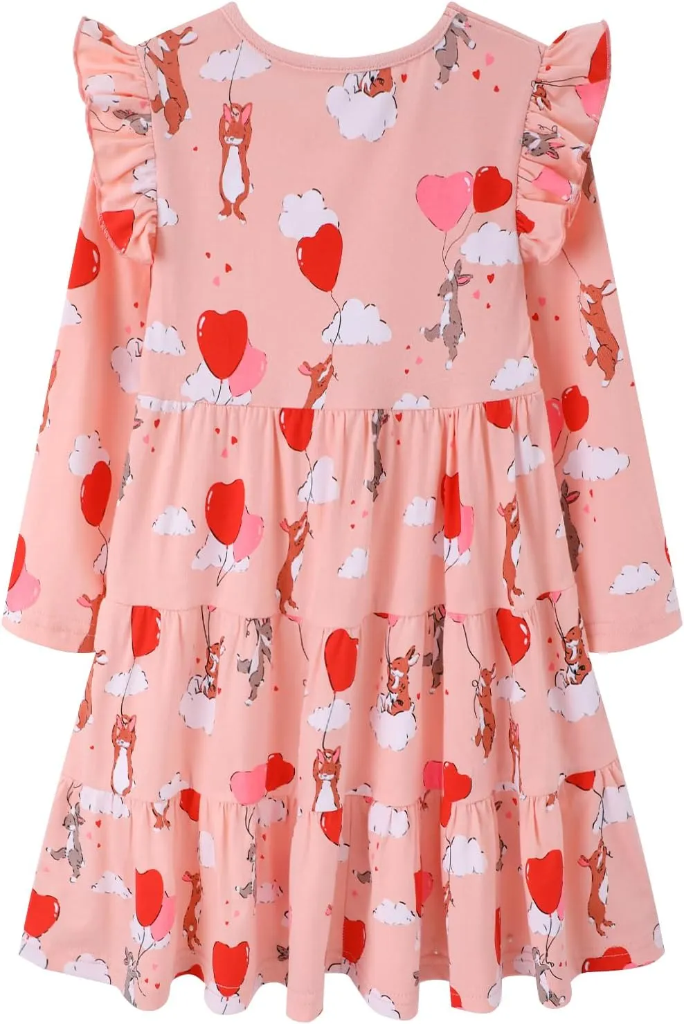 HILEELANG Girl Long Sleeve Dress Ruffle Solid Color Cotton Casual Tiered Pleated Twirly Dress