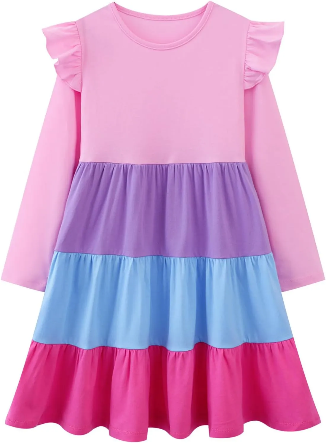 HILEELANG Girl Long Sleeve Dress Ruffle Solid Color Cotton Casual Tiered Pleated Twirly Dress