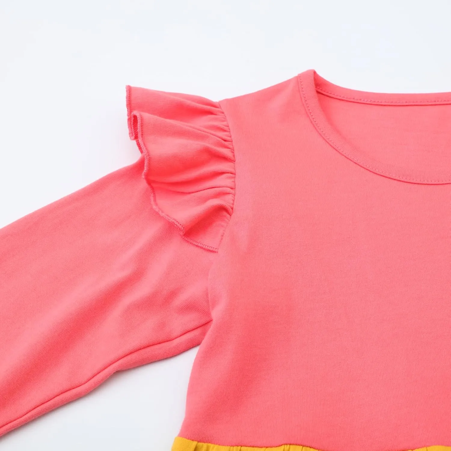 HILEELANG Girl Long Sleeve Dress Ruffle Solid Color Cotton Casual Tiered Pleated Twirly Dress