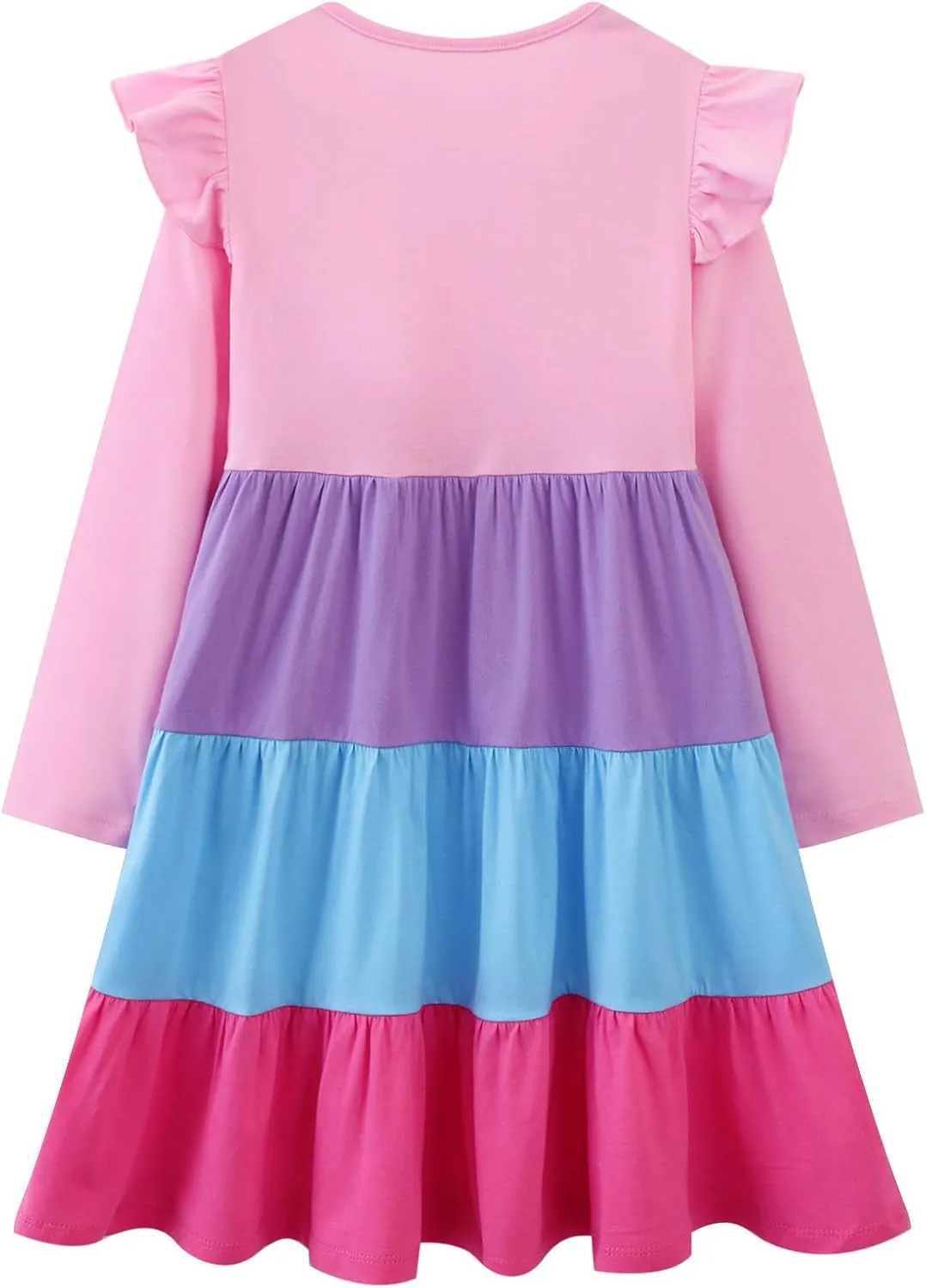 HILEELANG Girl Long Sleeve Dress Ruffle Solid Color Cotton Casual Tiered Pleated Twirly Dress