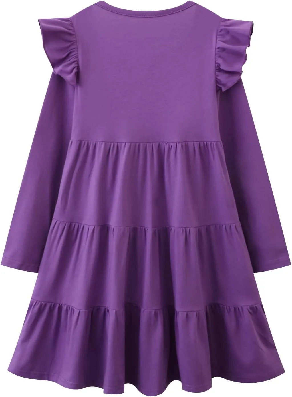 HILEELANG Girl Long Sleeve Dress Ruffle Solid Color Cotton Casual Tiered Pleated Twirly Dress