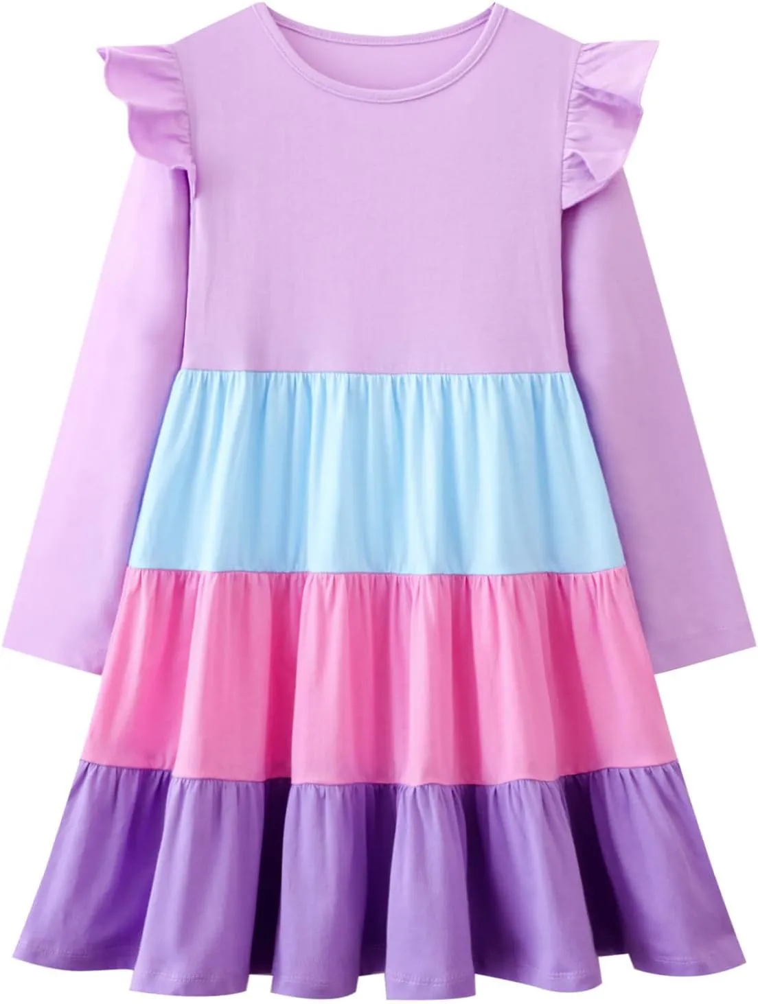HILEELANG Girl Long Sleeve Dress Ruffle Solid Color Cotton Casual Tiered Pleated Twirly Dress