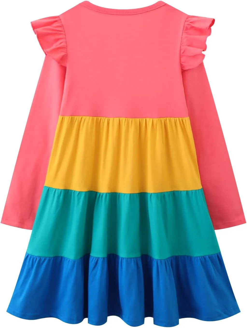 HILEELANG Girl Long Sleeve Dress Ruffle Solid Color Cotton Casual Tiered Pleated Twirly Dress