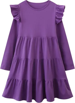 HILEELANG Girl Long Sleeve Dress Ruffle Solid Color Cotton Casual Tiered Pleated Twirly Dress