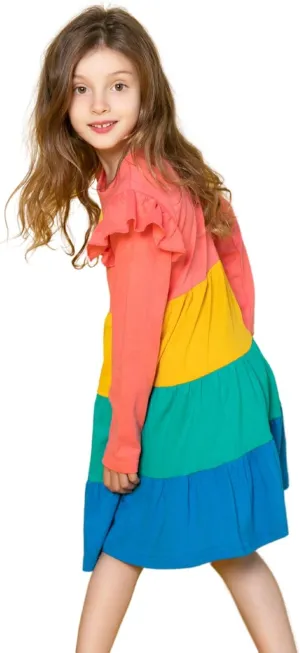 HILEELANG Girl Long Sleeve Dress Ruffle Solid Color Cotton Casual Tiered Pleated Twirly Dress