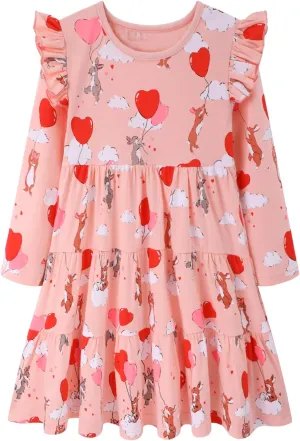 HILEELANG Girl Long Sleeve Dress Ruffle Solid Color Cotton Casual Tiered Pleated Twirly Dress