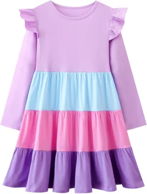 HILEELANG Girl Long Sleeve Dress Ruffle Solid Color Cotton Casual Tiered Pleated Twirly Dress