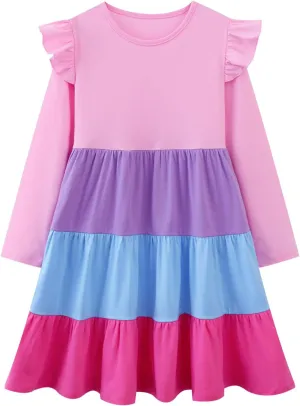 HILEELANG Girl Long Sleeve Dress Ruffle Solid Color Cotton Casual Tiered Pleated Twirly Dress