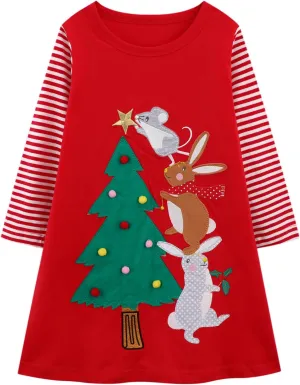 HILEELANG Little Girl Long Sleeve Dress Cotton Casual Applique Halloween Christams Tunic Shirt Clothes