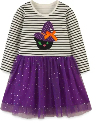 HILEELANG Little Girl Long Sleeve Dress Cotton Casual Applique Halloween Christams Tunic Shirt Clothes