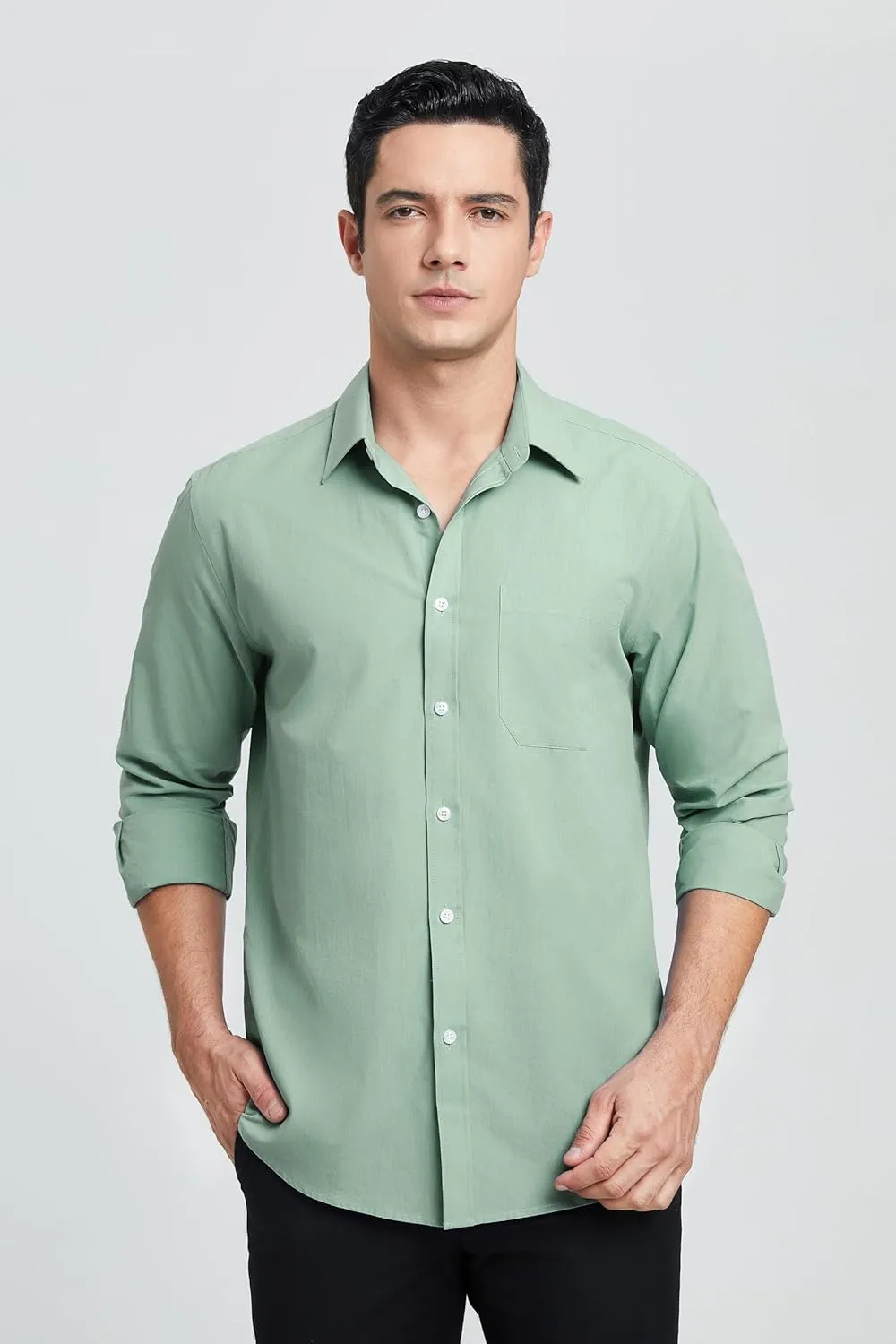 HISDERN Mens Dress Shirt Long Sleeve Botton Down Formal Shirts Regular Fit Solid Casual Business Cotton Shirts for Men