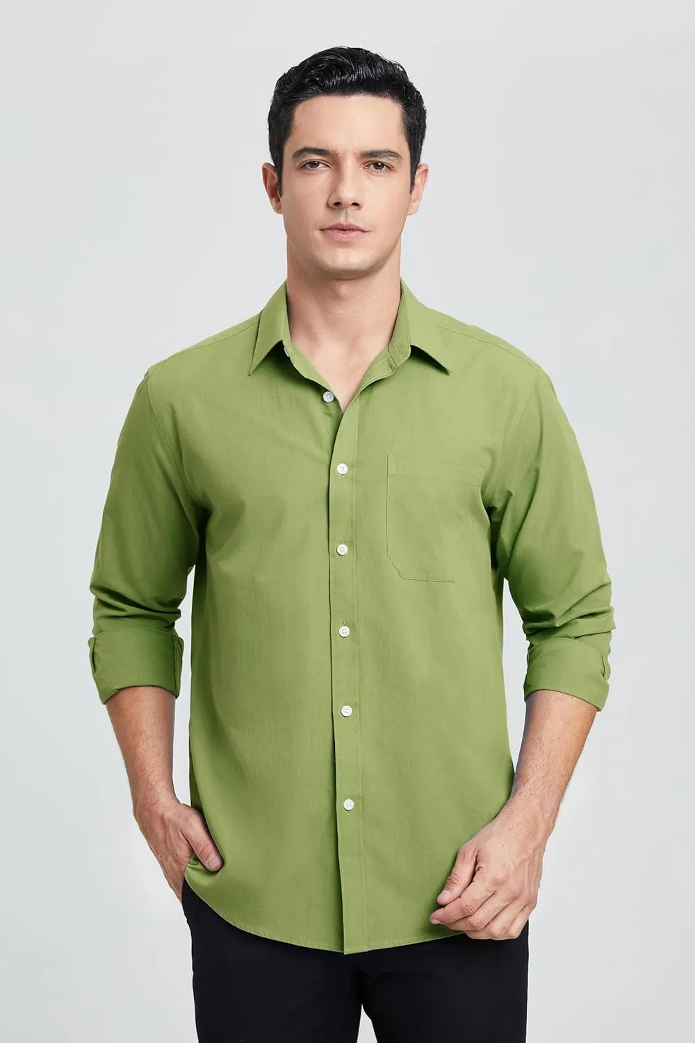 HISDERN Mens Dress Shirt Long Sleeve Botton Down Formal Shirts Regular Fit Solid Casual Business Cotton Shirts for Men