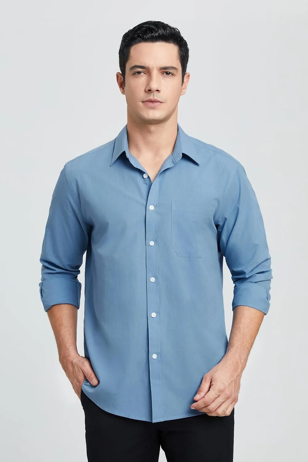 HISDERN Mens Dress Shirt Long Sleeve Botton Down Formal Shirts Regular Fit Solid Casual Business Cotton Shirts for Men