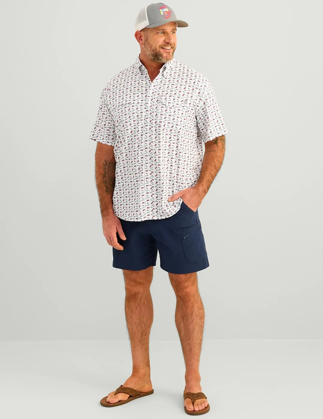 HUK Men's Tide Point Pattern Short Sleeve Shirt, Fishing Button Down