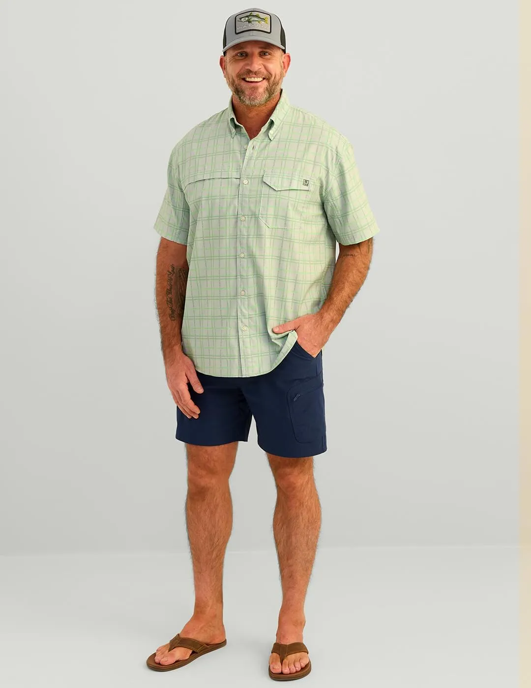 HUK Men's Tide Point Pattern Short Sleeve Shirt, Fishing Button Down
