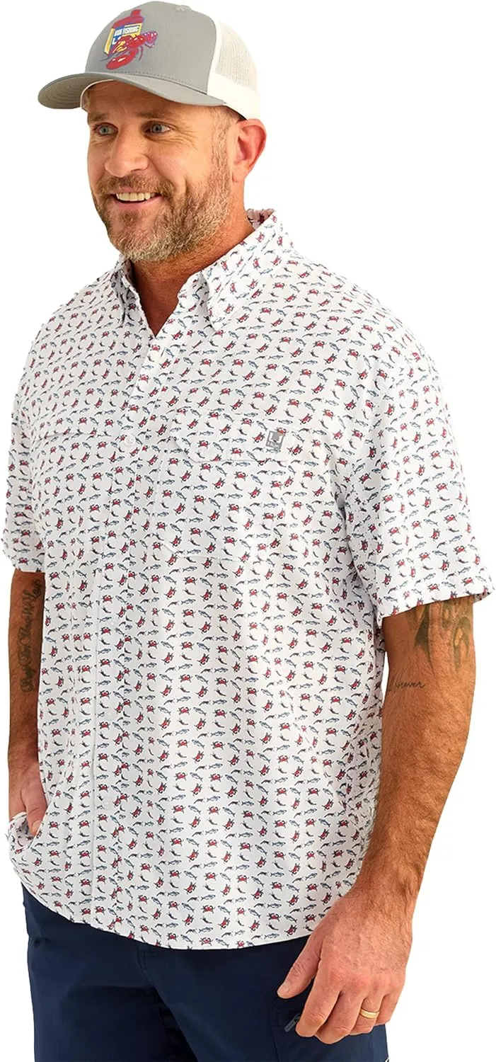 HUK Men's Tide Point Pattern Short Sleeve Shirt, Fishing Button Down