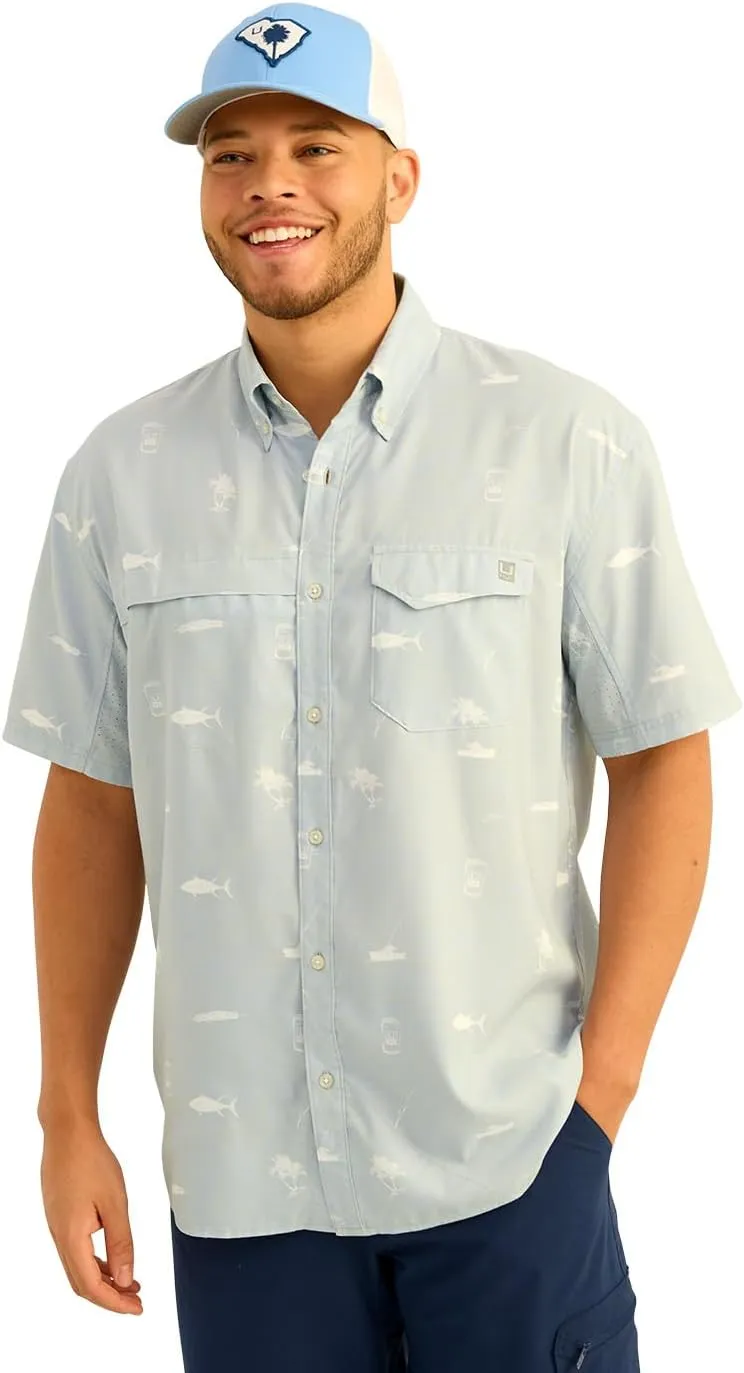 HUK Men's Tide Point Pattern Short Sleeve Shirt, Fishing Button Down