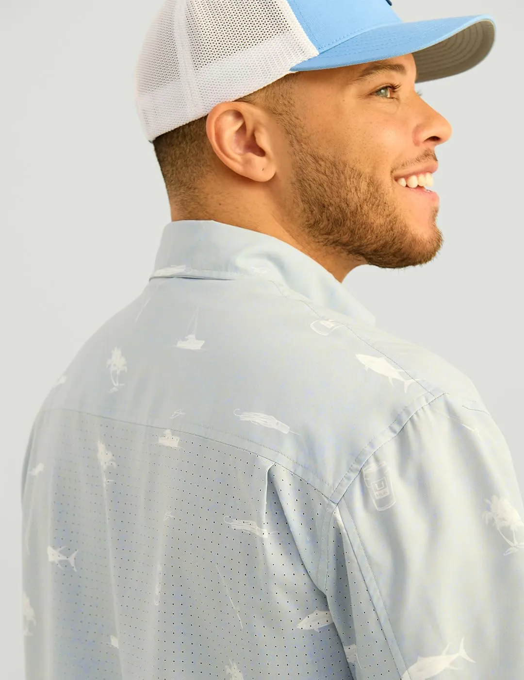 HUK Men's Tide Point Pattern Short Sleeve Shirt, Fishing Button Down