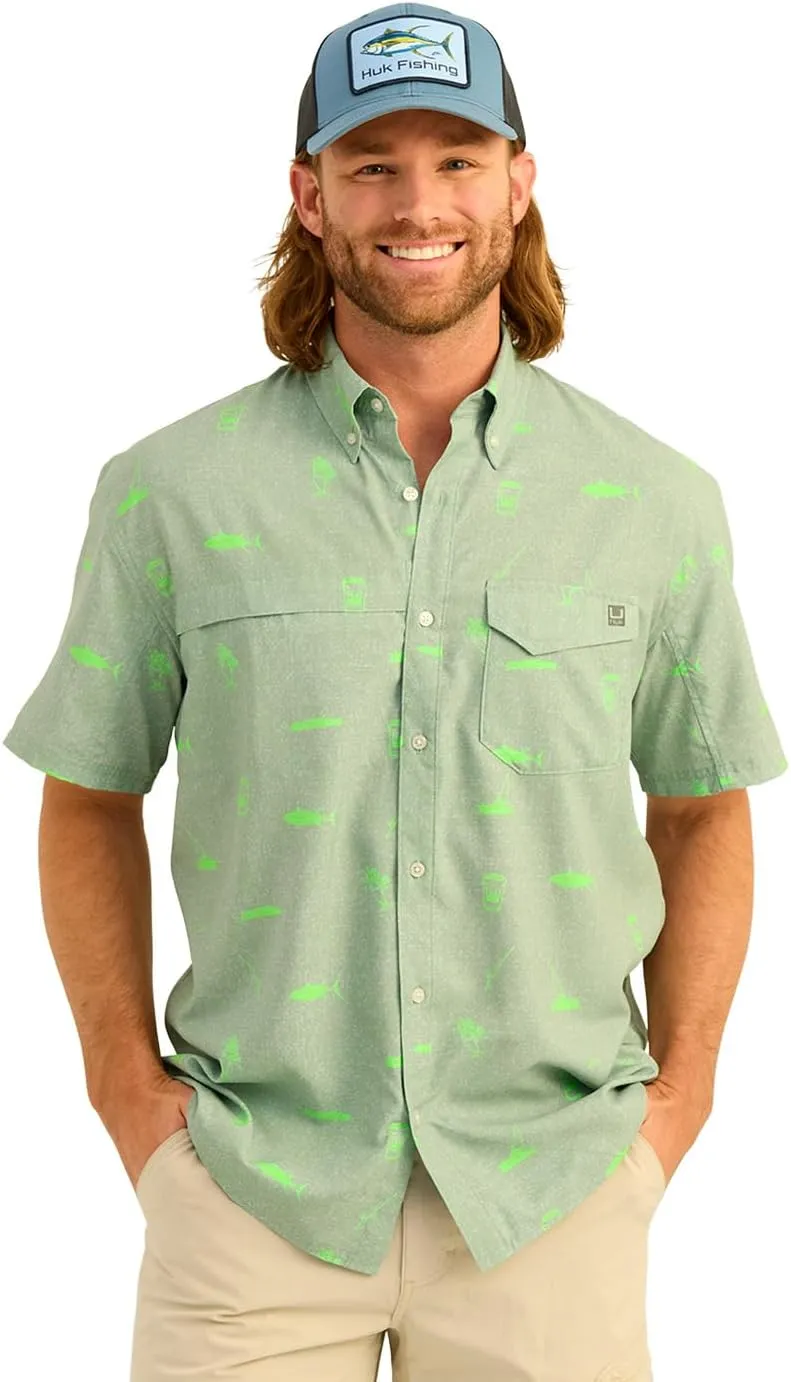 HUK Men's Tide Point Pattern Short Sleeve Shirt, Fishing Button Down