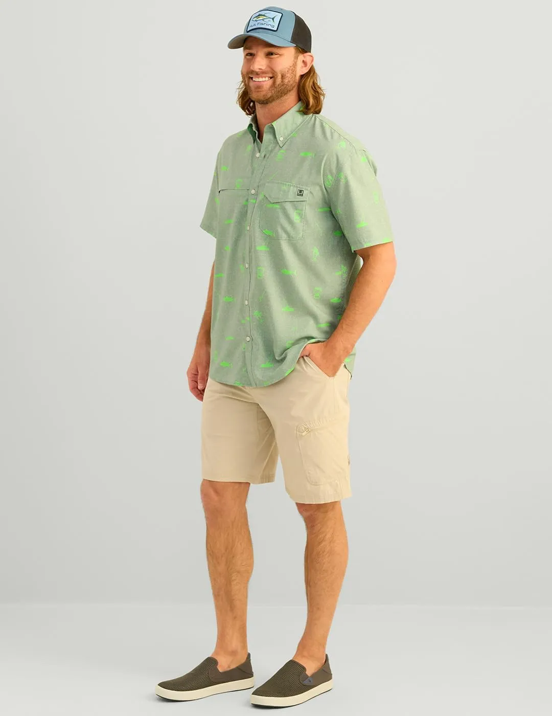 HUK Men's Tide Point Pattern Short Sleeve Shirt, Fishing Button Down