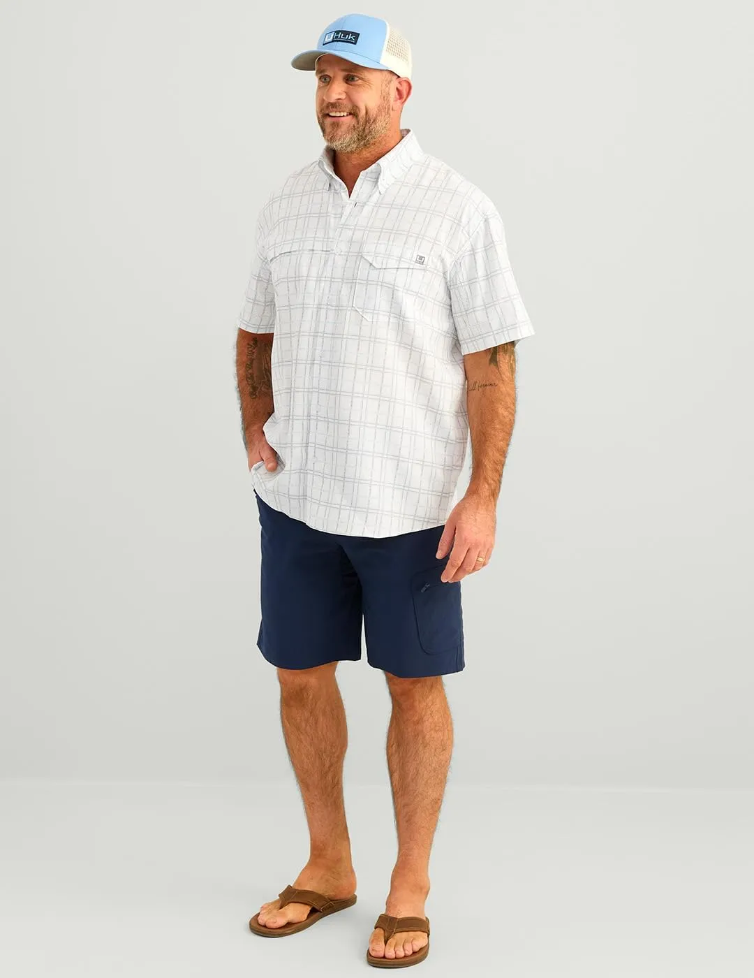 HUK Men's Tide Point Pattern Short Sleeve Shirt, Fishing Button Down