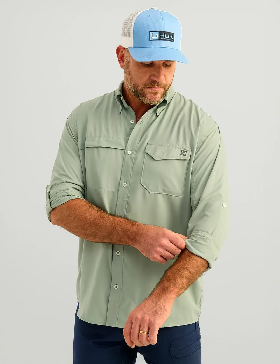 HUK Men's Tide Point Solid Long Sleeve Shirt, Button