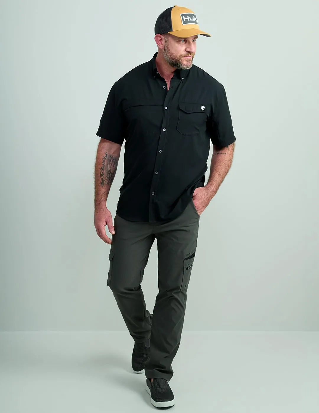 HUK Tide Point Solid Short Sleeve Shirt, Button Down for Men