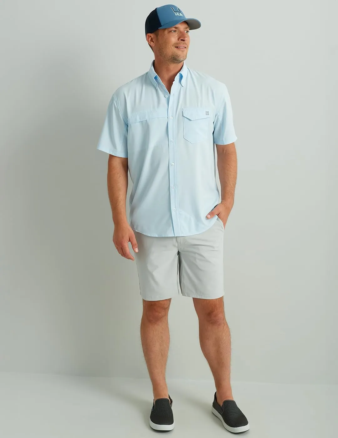 HUK Tide Point Solid Short Sleeve Shirt, Button Down for Men