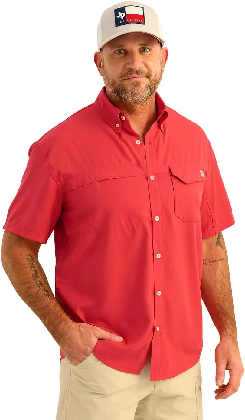 HUK Tide Point Solid Short Sleeve Shirt, Button Down for Men