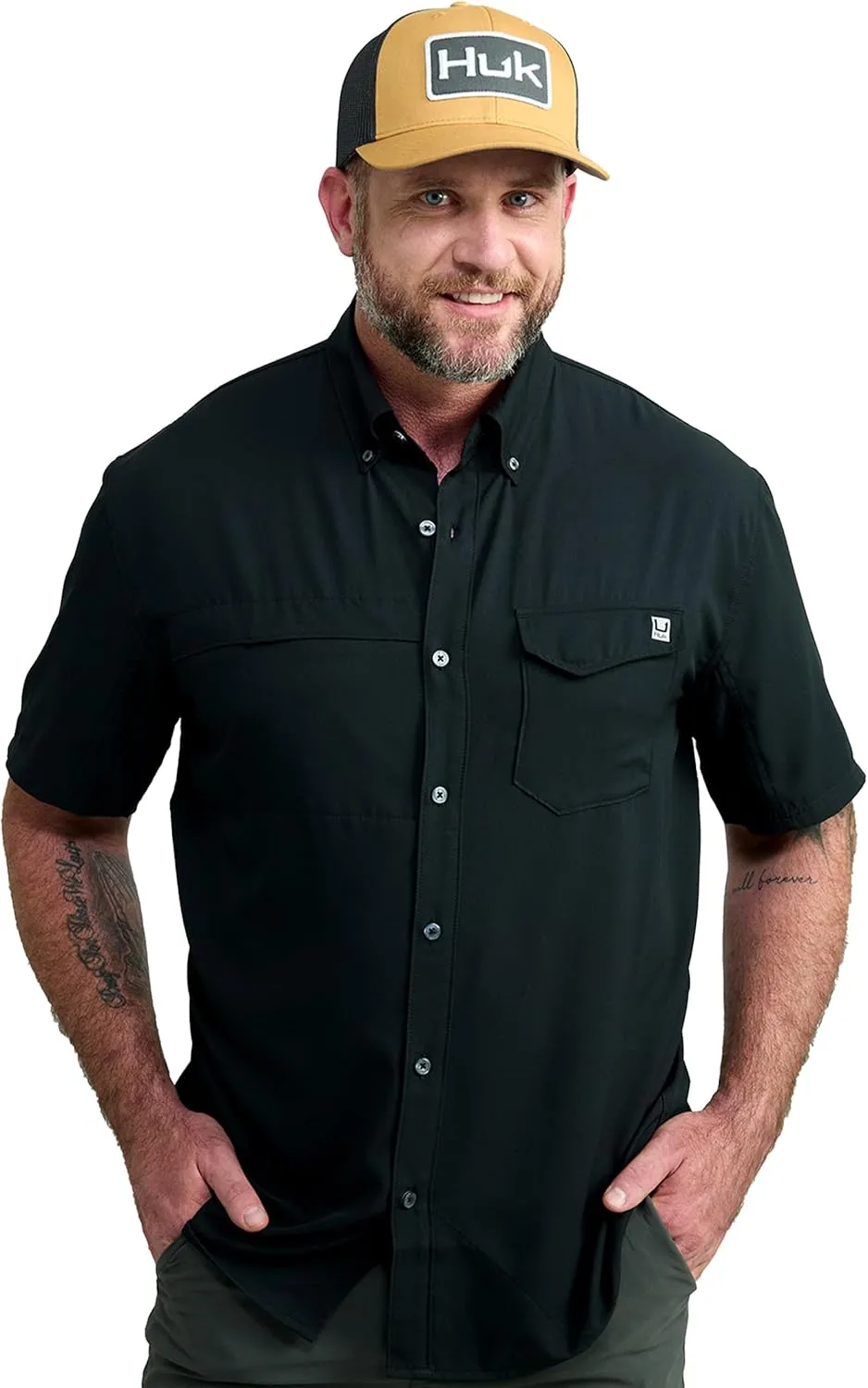HUK Tide Point Solid Short Sleeve Shirt, Button Down for Men