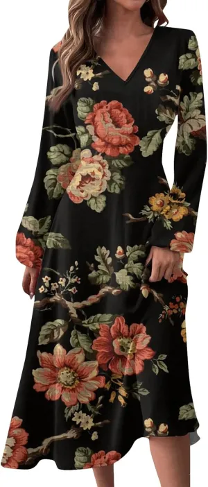 HXHYQKP Fall Wedding Guest Dresses for Women Floral Print Boho Dress Long Sleeve Wrap V Neck Ruffle Belted Maxi Dresses