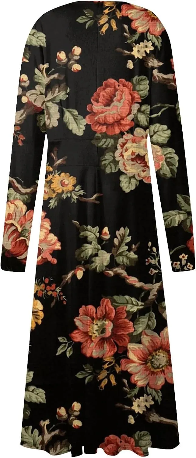 HXHYQKP Fall Wedding Guest Dresses for Women Floral Print Boho Dress Long Sleeve Wrap V Neck Ruffle Belted Maxi Dresses
