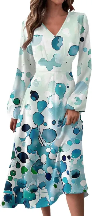 HXHYQKP Fall Wedding Guest Dresses for Women Floral Print Boho Dress Long Sleeve Wrap V Neck Ruffle Belted Maxi Dresses