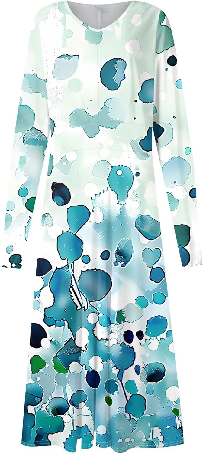 HXHYQKP Fall Wedding Guest Dresses for Women Floral Print Boho Dress Long Sleeve Wrap V Neck Ruffle Belted Maxi Dresses