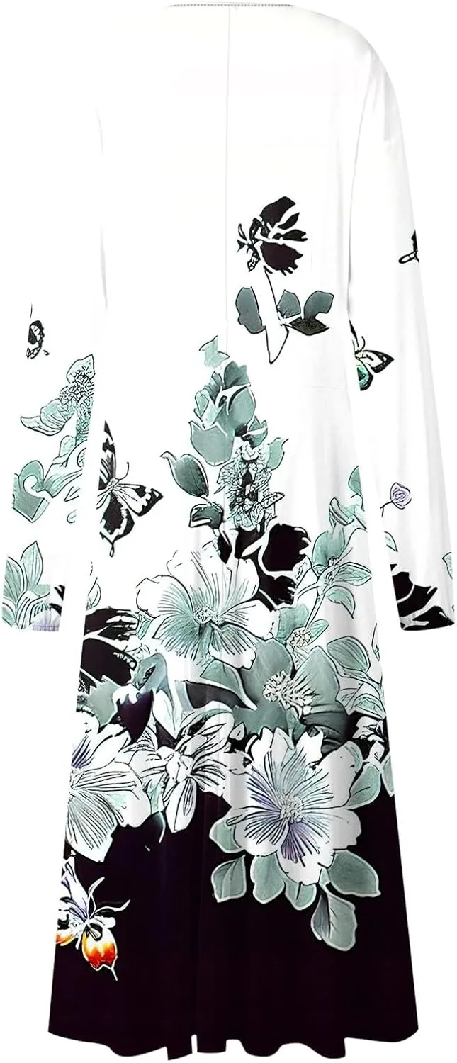 HXHYQKP Fall Wedding Guest Dresses for Women Floral Print Boho Dress Long Sleeve Wrap V Neck Ruffle Belted Maxi Dresses