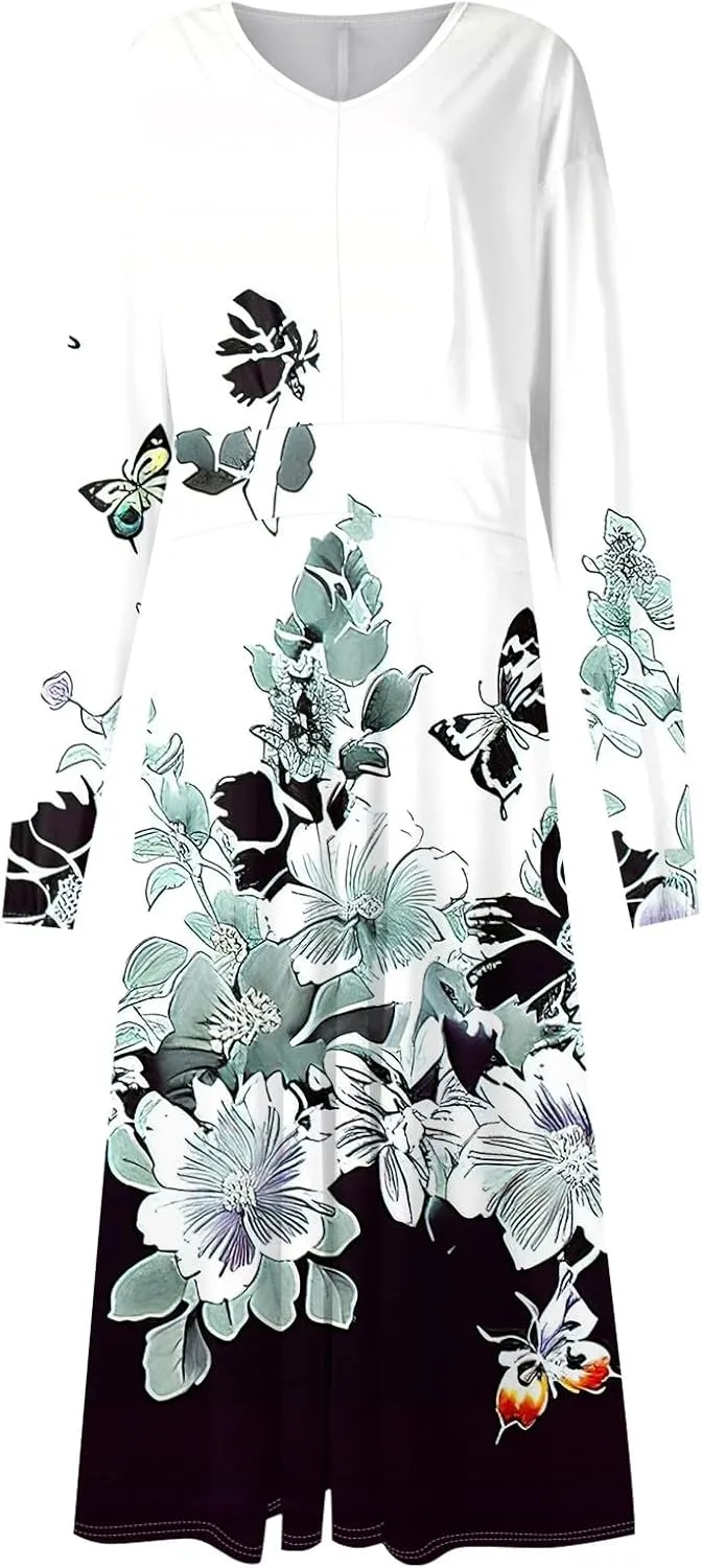 HXHYQKP Fall Wedding Guest Dresses for Women Floral Print Boho Dress Long Sleeve Wrap V Neck Ruffle Belted Maxi Dresses