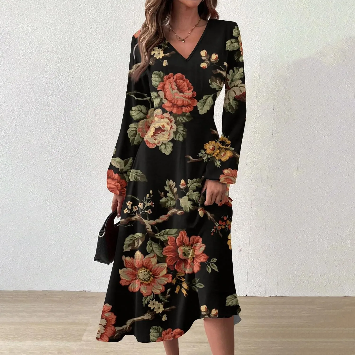 HXHYQKP Fall Wedding Guest Dresses for Women Floral Print Boho Dress Long Sleeve Wrap V Neck Ruffle Belted Maxi Dresses