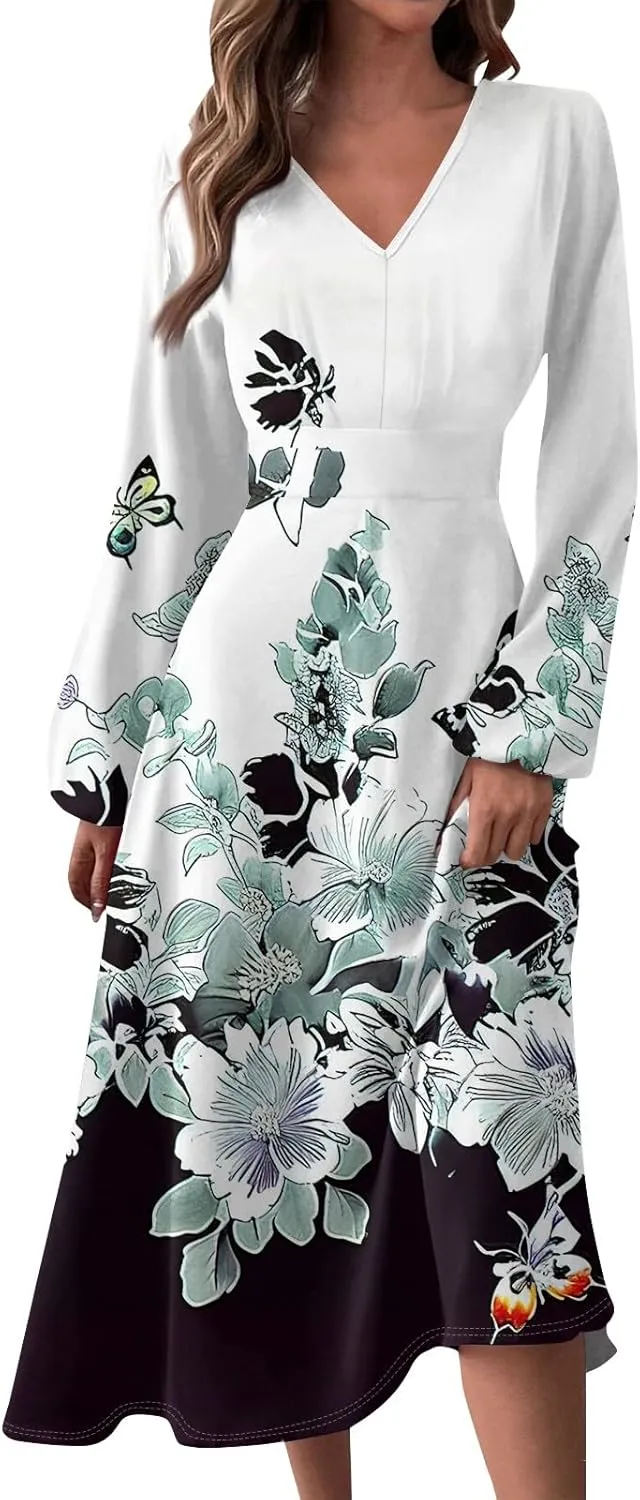 HXHYQKP Fall Wedding Guest Dresses for Women Floral Print Boho Dress Long Sleeve Wrap V Neck Ruffle Belted Maxi Dresses