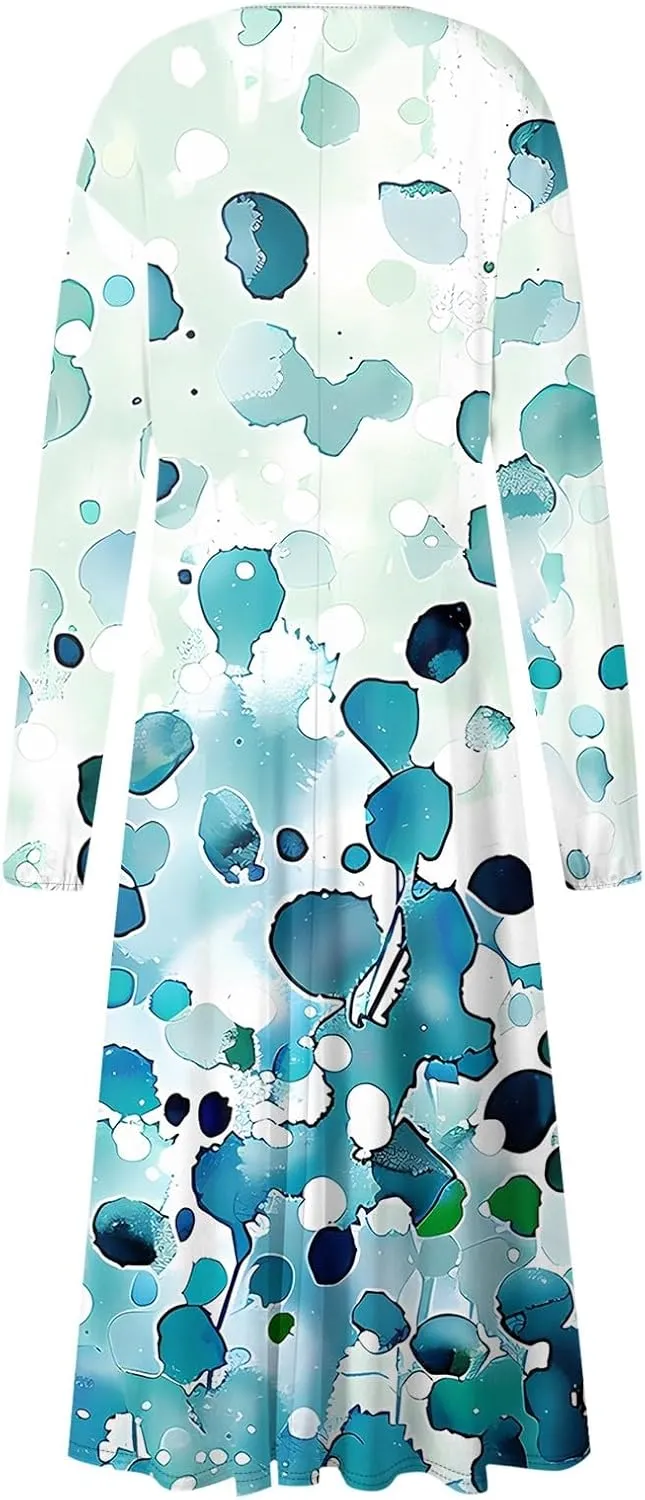 HXHYQKP Fall Wedding Guest Dresses for Women Floral Print Boho Dress Long Sleeve Wrap V Neck Ruffle Belted Maxi Dresses