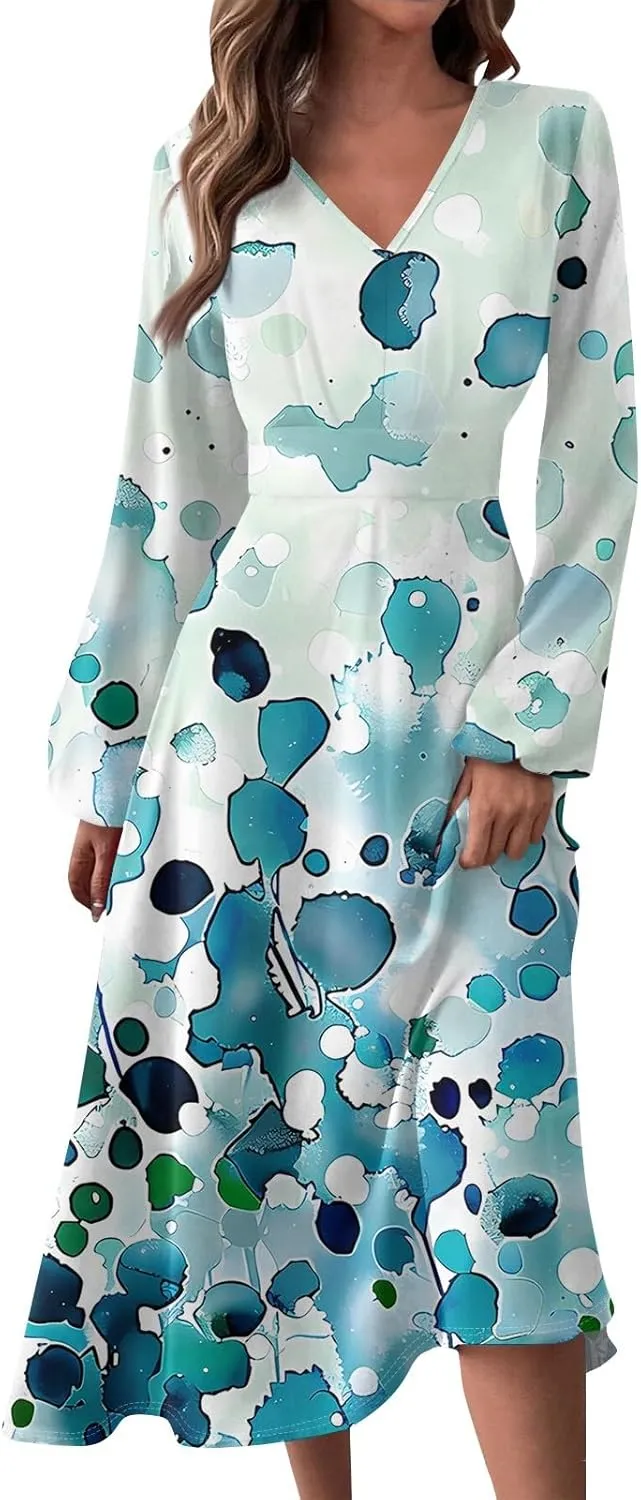 HXHYQKP Fall Wedding Guest Dresses for Women Floral Print Boho Dress Long Sleeve Wrap V Neck Ruffle Belted Maxi Dresses