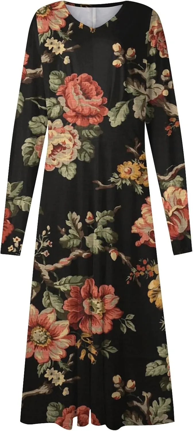 HXHYQKP Fall Wedding Guest Dresses for Women Floral Print Boho Dress Long Sleeve Wrap V Neck Ruffle Belted Maxi Dresses