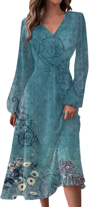 HXHYQKP Women's Formal Dresses Birthday Gifts for Women Boho Dress Long Sleeve Wrap V Neck Ruffle Belted Maxi Dresse